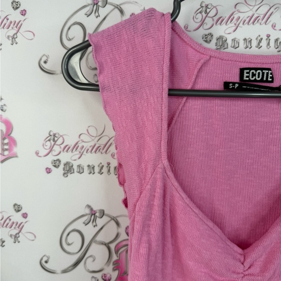 Ecote shirt ruffle trim style pink Vneck fairy hem Fuchsia Sleeveless Blouse - Picture 7 of 12